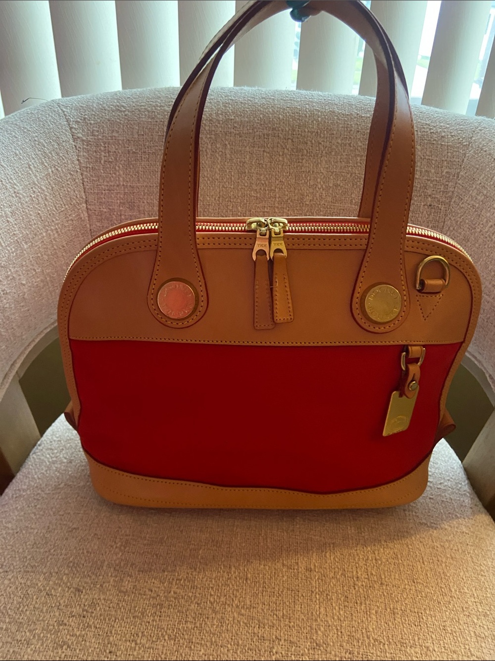 Dooney & Bourke Red Canvas Satchel with Tan Leather Trim